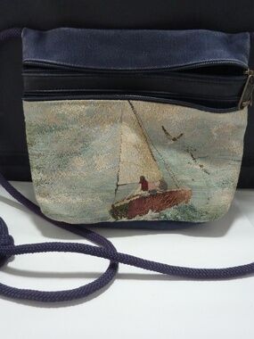 VINTAGE My Maine Bag Canvas Tapestry SAILBOAT  Purse Coastal BLUE